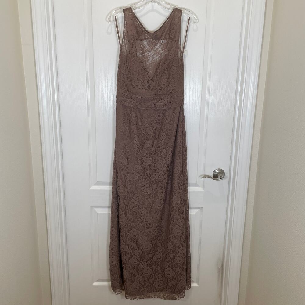 Amsale Truffle Taupe‎ Lace Maxi Dress Sleeveless Boatneck Formal Evening 10